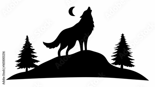 Silhouette of a wolf howling at the moon on a hill with two pine trees in a black and white landscape scene