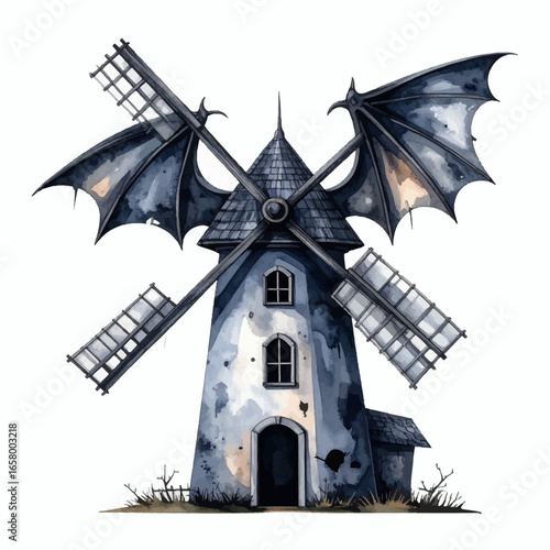 Watercolor Windmill with Bat Wings, Gothic Architecture, Fantasy Illustration
