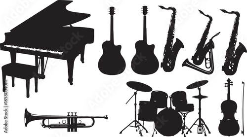 Musical Instruments Ensemble Silhouette Variety of Instruments Piano Guitars Saxophones Trumpet Drums Violin for Creative Arts and Musical Expression