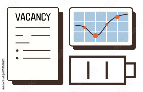 Job posting form, rising trend chart, battery charging symbolizing opportunity, progress, and work-life balance. Ideal for employment, recruitment, career growth, business success job market