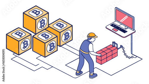 Bitcoin mining process illustration showing worker building blocks for cryptocurrency blockchain network