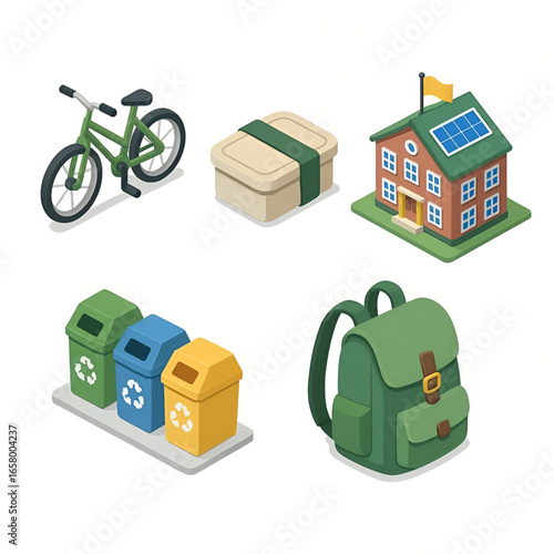 3D isometric Lifestyle and Environment Icons – Bicycle, Bento Box, Solar school, Recycling Bin, Backpack