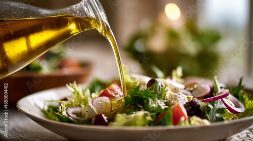 Freshly prepared salad with olive oil drizzled over greens, tomatoes, and onions in a cozy dining setting at dusk