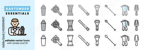 Bartender tools icon illustration set. Cocktail mixing tools. Cocktail shaker, strainer, jigger, spoon, bottle opener, ice scoop, blender. Isolated on transparent background.