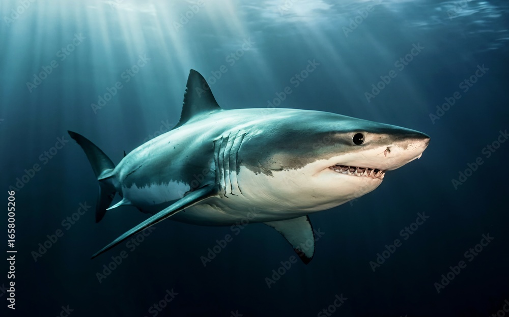 Fototapeta premium Great White Shark Swimming Gracefully Beneath Sunlit Ocean Waters