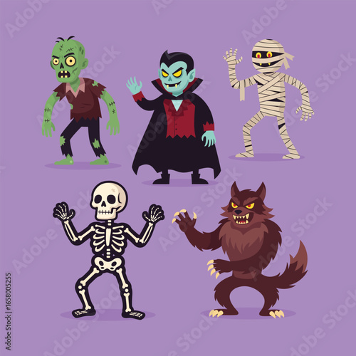 Flat Halloween Monster Character Collection Set