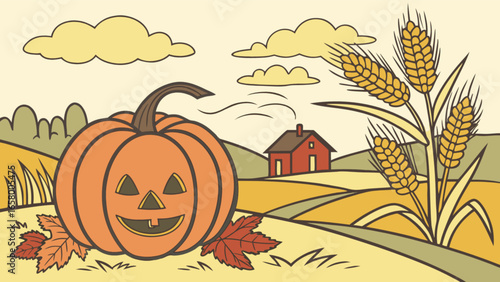 Fall harvest pumpkin patch scene with autumn leaves, wheat, and farm house in a rural landscape drawing