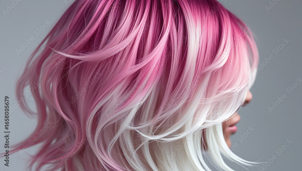 Naklejka premium A close-up of vibrant pink and white hair curls, detailed texture, 32K Resolution