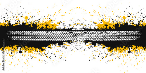 Tire tread marks with yellow black grunge, wheel textures, tire marks - car racing, motocross, drift, rally, off-road and others. Vector black isolated texture in grunge style with splashes. eps10