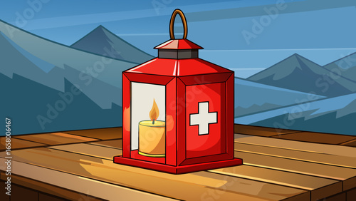 Radiant green Swiss cross lantern placed on a wooden table, spreading soft candlelight with a hazy alpine blue background vector illustration. 