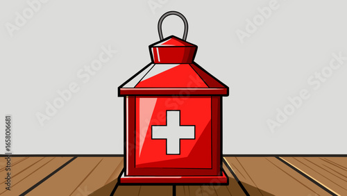 Radiant red Swiss cross lantern placed on a wooden table, spreading soft candlelight with a hazy alpine grey background vector illustration. 