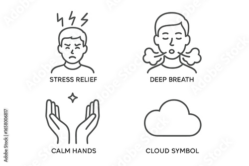 Stress relief symbols: deep breath techniques and calm hand gestures for relaxation