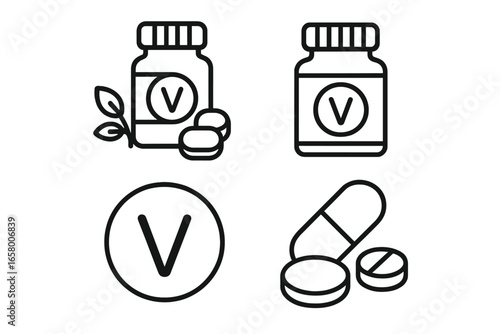 Vitamin supplement icon set featuring bottles and pills