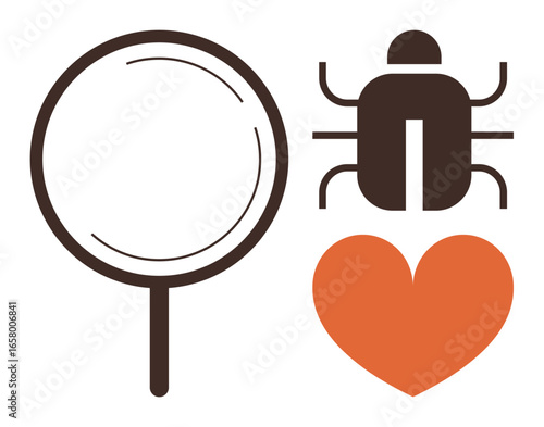 Magnifying glass, bug, and heart symbolize debugging, error detection, software testing, QA, problem-solving, diligence, and technology ideal for technology workflow analytics and teamwork