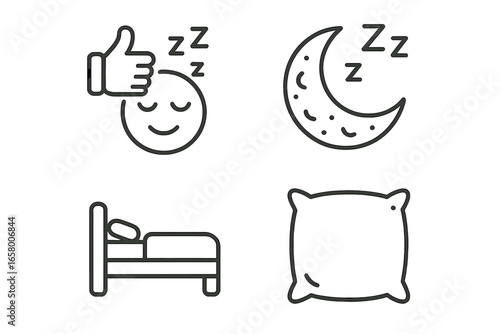 Sleep icons: moon, pillow, bed, smiling face with thumb up and zs