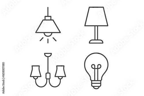 Minimalist line art of lighting fixtures and bulb designs