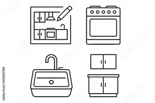 Minimalist kitchen icons set including stove sink cupboard and kitchen plan