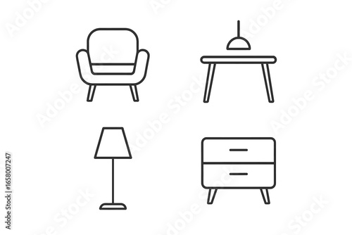 Minimalistic furniture icons of chair, desk, lamp, and cabinet in line art style