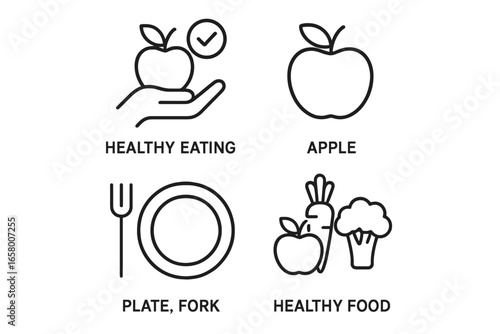 Healthy eating and food symbols: apple, plate, fork, and vegetables icons