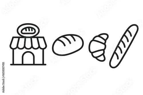 Bakery icons: bread, croissant, baguette, shop outline art
