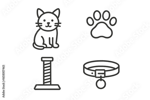 Cat essentials: pet collar, cute cat, paw print, scratching post icons