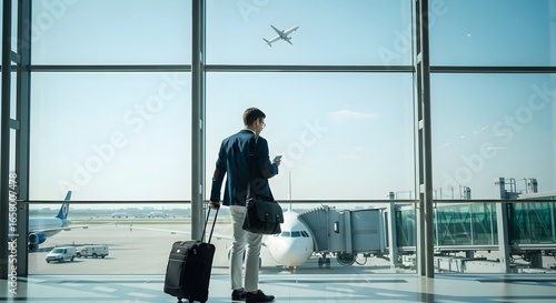 Black man with phone, airport window and plane taking off, checking flight schedule terminal for business trip. Technology, travel and businessman reading international travel restrictions app online
