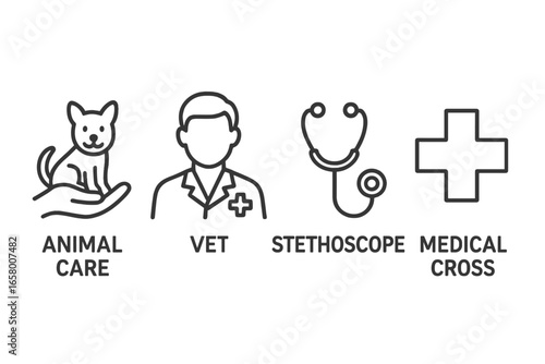 Animal care: vet icons with stethoscope and medical cross symbols