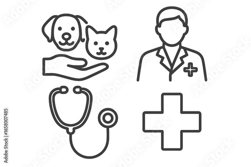 Veterinary care icons: animals, doctor, stethoscope, health symbol
