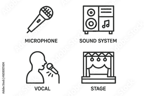 Microphone sound system vocal stage icons in black and white