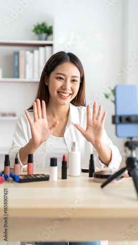 Young woman vlogging about makeup