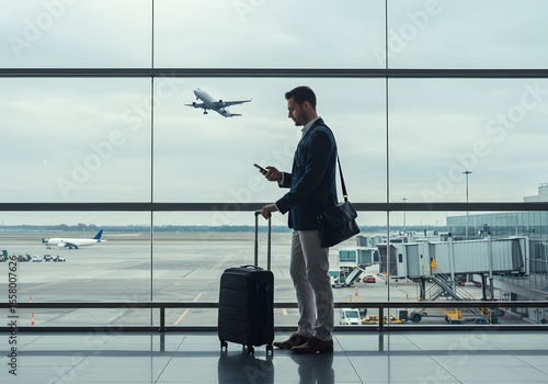 Black man with phone, airport window and plane taking off, checking flight schedule terminal for business trip. Technology, travel and businessman reading international travel restrictions app online