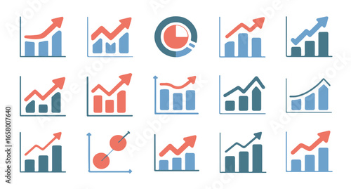 Growth and progress graph icons set – business analytics, rising charts, statistics, finance data, profit increase, and performance success