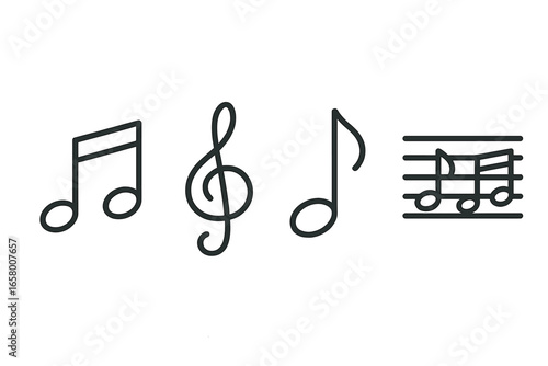 Minimalist music icons: note, treble clef, and sheet music symbols in black outline