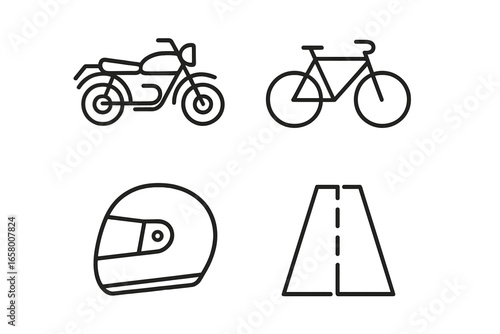 Outline icons of motorcycle, bicycle, helmet, and road for transportation theme