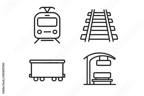 Minimalistic train and railroad icons: train, tracks, cart, station design