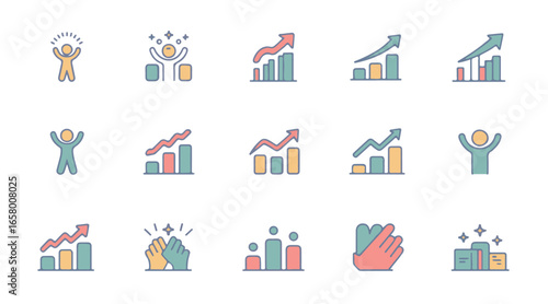 Business growth success icons set – achievement, progress, teamwork, graph increase, motivation, productivity, and positive results