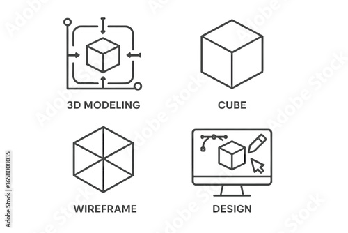 3d modeling concepts: cube, wireframe, and design process icons