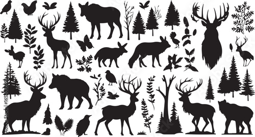 Monochrome Woodland Silhouette Collage Animals Trees Birds Plants Deer Wolf Fox Butterfly Nature Inspired Design