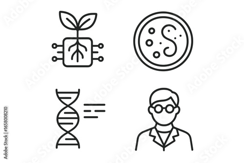 Scientific innovation: dna, microbiology, biotech, and research illustration