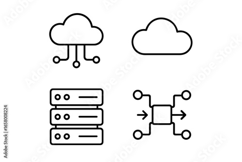 Cloud computing and data storage icons: network, server, and technology symbols