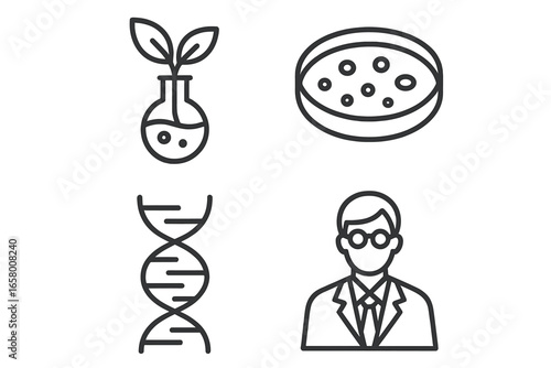 Scientific icons illustrating research: plant experiment, petri dish, dna structure, scientist