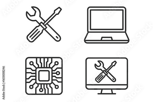 Technology repair tools and devices: laptop, computer, chipset, wrench and screwdriver icons