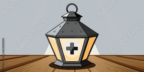 Radiant black  Swiss cross lantern placed on a wooden table, spreading soft candlelight with a hazy alpine grey background vector illustration. 