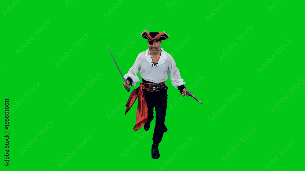 Obraz premium Cinematic style of fearless pirate running with sword and pistol on green chroma key background