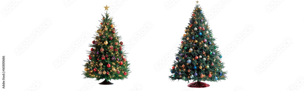 Fototapeta premium two decorated christmas trees on white background.