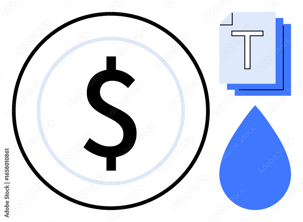 Dollar sign in circle for economy, stacked documents for information, water drop for sustainability. Ideal for finance, economics, sustainability, resource management, reports, presentations simple Dollar sign in circle for economy, stacked documents for information, water drop for sustainability. Ideal for finance, economics, sustainability, resource management, reports, presentations simple