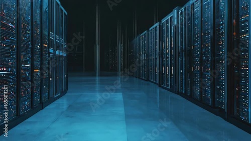Data center servers glowing in the dark ready to send data globally with high performance