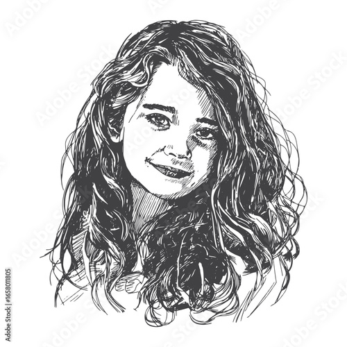 Sketch of a Cute Little Girl with Long Wavy Hair