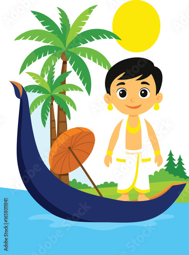 Cartoon Illustration of Maveli in Boat for Onam