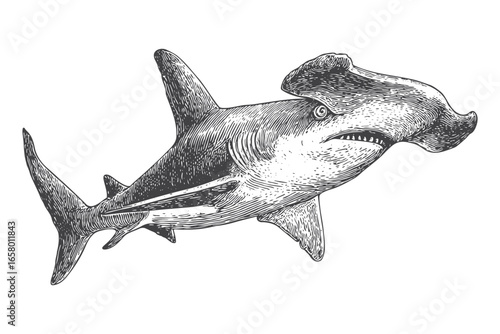 Vintage Engraving of a Hammerhead Shark